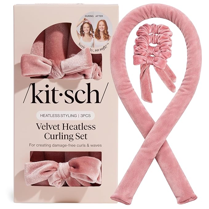 Kitsch Velvet Heatless Curling Set - Heatless Curls Overnight - Comfortable No Heat Hair Curlers With Two Velvet Scrunchies to Sleep In for Frizz-Free & Non-Damage Styling - Terracotta