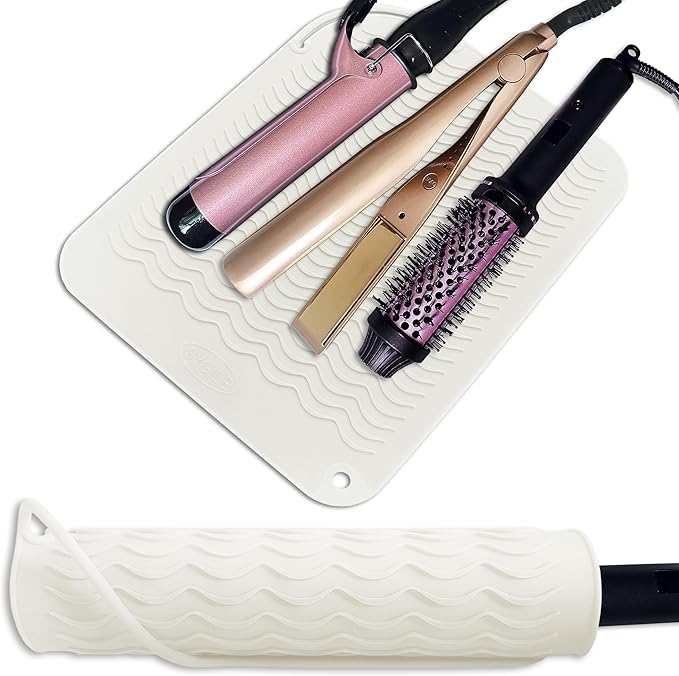 12" X 9" Large Heat Resistant Silicone Mat for Hair Styling Tools, Curling Iron Mat, Flat Iron Holder, Hair Straightener Pad Cover, Makeup Mat, Hot Tools Mat for Travel Vanity Salon - Ivory