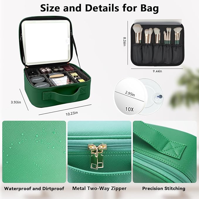 Travel Makeup Bag with LED Mirror and 10x magnifying glass with 3 Lighted - Image 5