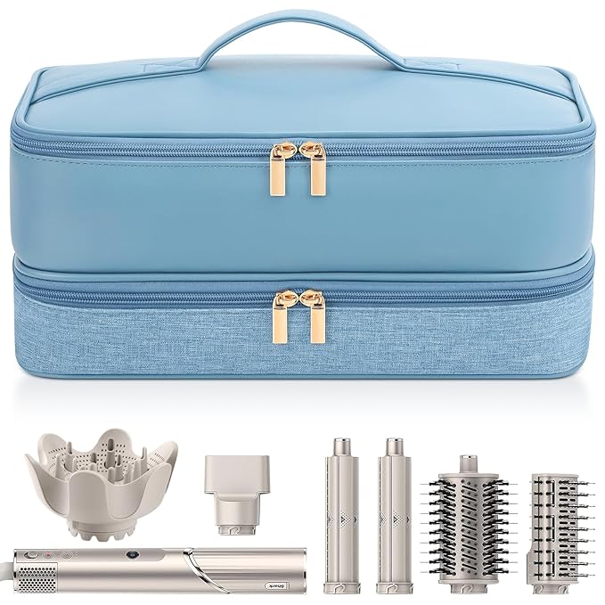 Travel Hair Dryer Case for Shark Flexstyle, Double-Layer Carrying Case for Shark Flex Style Blow Dryer, Portable Hair Tools Storage Organizer Bag for Shark Beauty Hairdryer Attchments (Misty Blue)