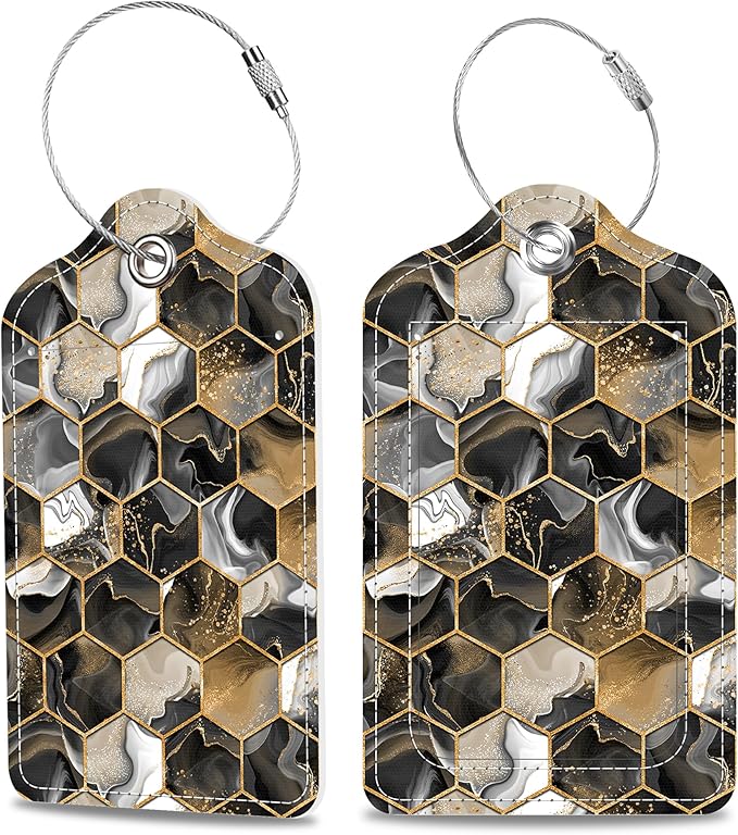 Gold Ink Hexagon Texture Luggage Tags 2PCS PU Leather Suitcases Tag by MSEAANBK