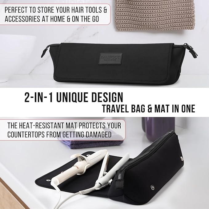 BAREFOOT CARIBOU Hair Tools Travel Bag and Heat Resistant Mat for Flat Irons, Straighteners, Curling Iron, and Haircare Accessories, 2-in-1 design, with Interior Pockets, Portable Organizer