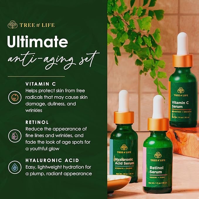 Tree of Life Beauty Facial Skin Care Set, Firming, Hydrating, Dry Face, Dermatologist Tested - Trio Power Kit, Vitamin C, Retinol and Hyaluronic Acid, 3 count of 1 Fl Oz