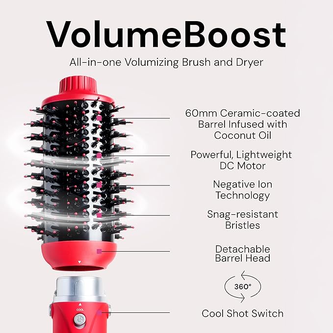 L'ANGE HAIR VolumeBoost 60mm 2-in-1 Ceramic Volumizing Brush Dryer | Fast Drying & Styling for Frizz-Free, Voluminous Blowouts | Ceramic-Coated Barrel (Red)
