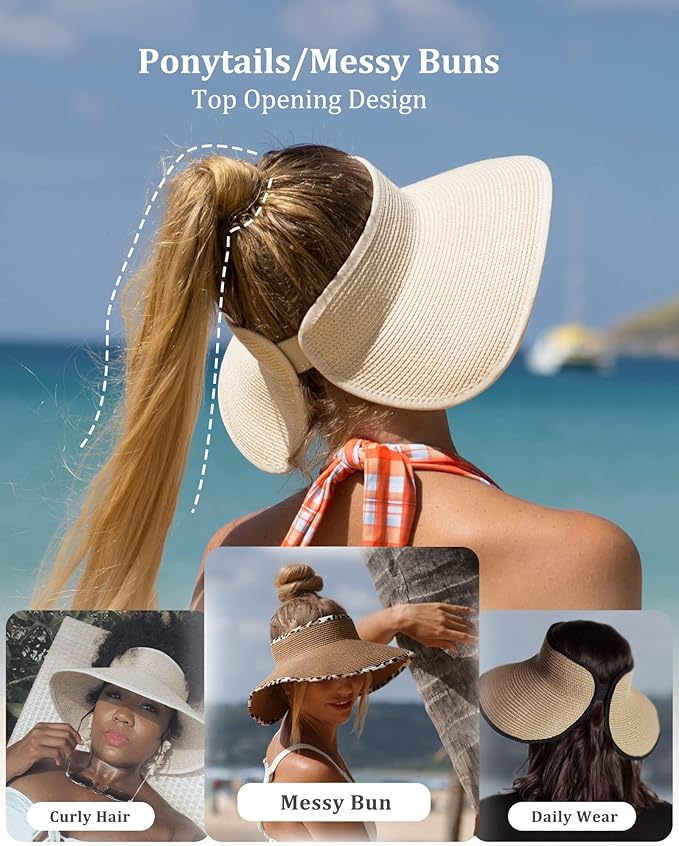 FURTALK Sun Hats for Women Wide Brim Beach Hat Straw Visor Ponytail Summer UV - Image 3
