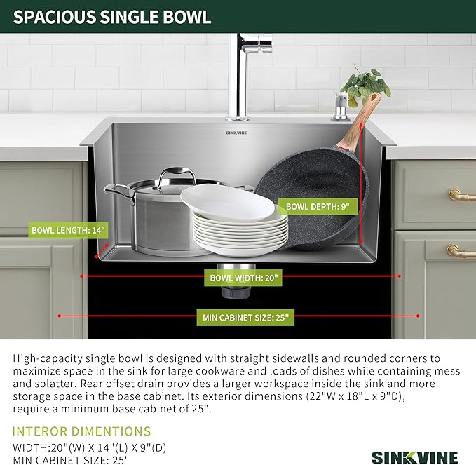 22 Inch Drop-In Kitchen Sink, SINKVINE 22" x 18" Stainless Steel Indoor and - Image 4
