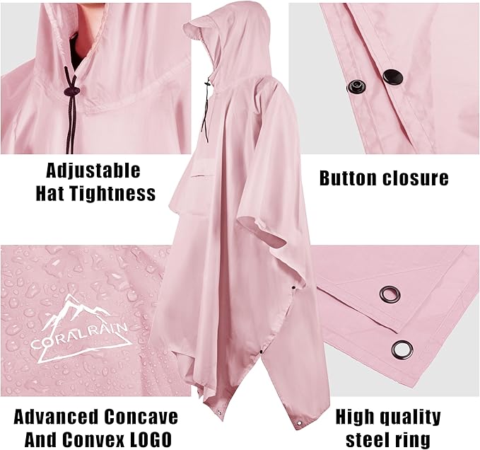 Coralrain Hooded Rain Poncho Lightweight Waterproof Unisex Raincoat Jacket - Image 3