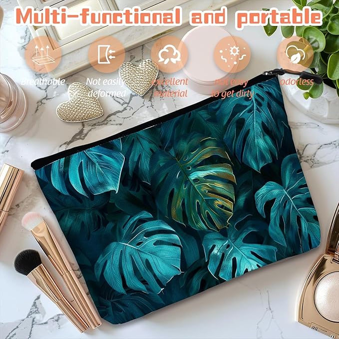 Cosmetic Bags Travel Makeup Toilet Case Waterproof Pouch for Women Girls 6.7X9.45inches - Tropical Monstera Leaves in A Deep Teal Hue