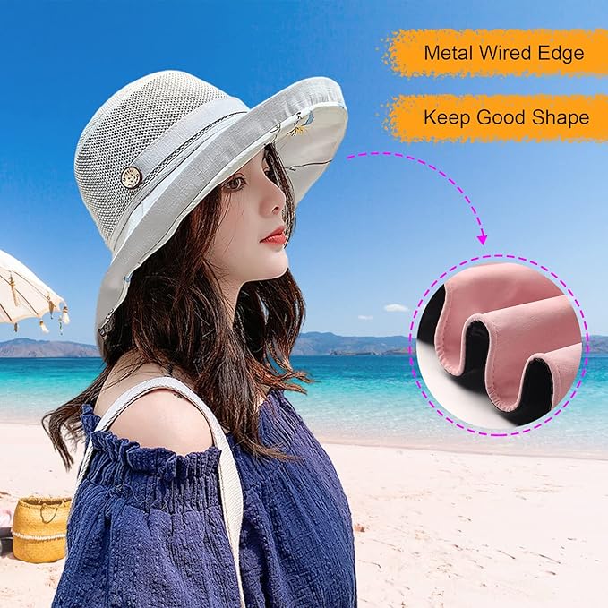 Women Wide Brim Sun Hats Metal Wired Edge Summer UV Protection Beach Fishing Hat - Image 4
