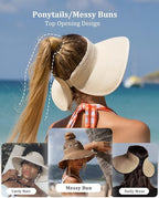 FURTALK Sun Hats for Women Wide Brim Beach Hat Straw Visor Ponytail Summer UV - Image 5