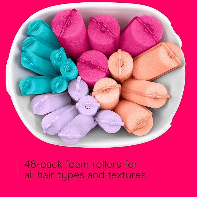 Conair Foam Hair Rollers - 48 Count, Assorted Colors - Heatless Curls, Overnight Curls, Foam Rollers with Storage Case