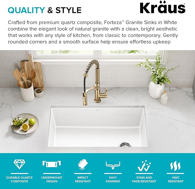 KRAUS Forteza 32-inch Granite Undermount Single Bowl White Kitchen Sink - Image 3