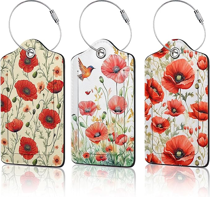 3 PCS Red Poppy Flower Luggage Tags, Suitcase Tags Privacy Cover ID Label by Unknown