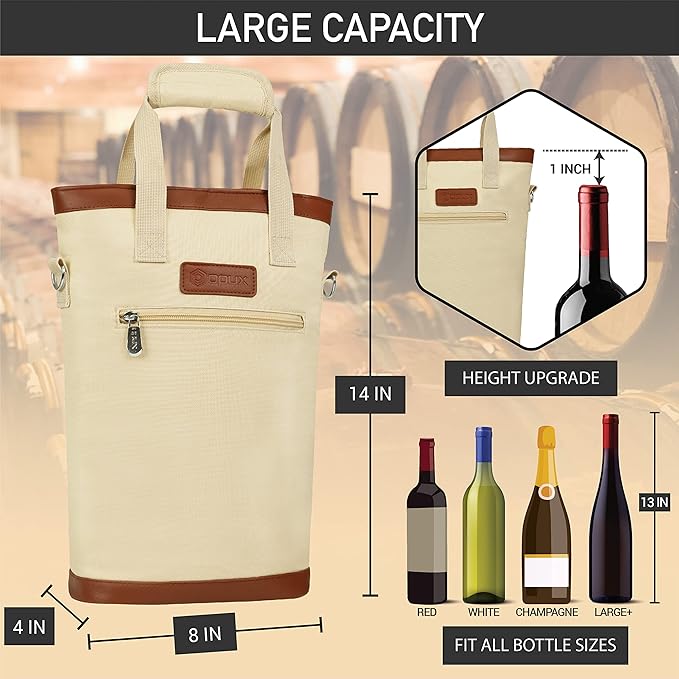 opux Two Bottle Wine Bag Carrier Tote, Insulated Leakproof 2 Bottle Wine Cooler - Image 4