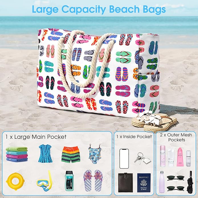 Becokan Beach Bags for Women Large Waterproof Beach Tote Bag Zipper Beach Bags - Image 5
