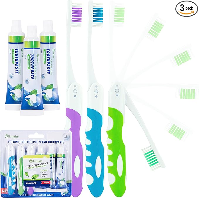Portable Toothbrush Kit with Toothpaste, Built-in Cover, Folding Collapsible by LINGITO