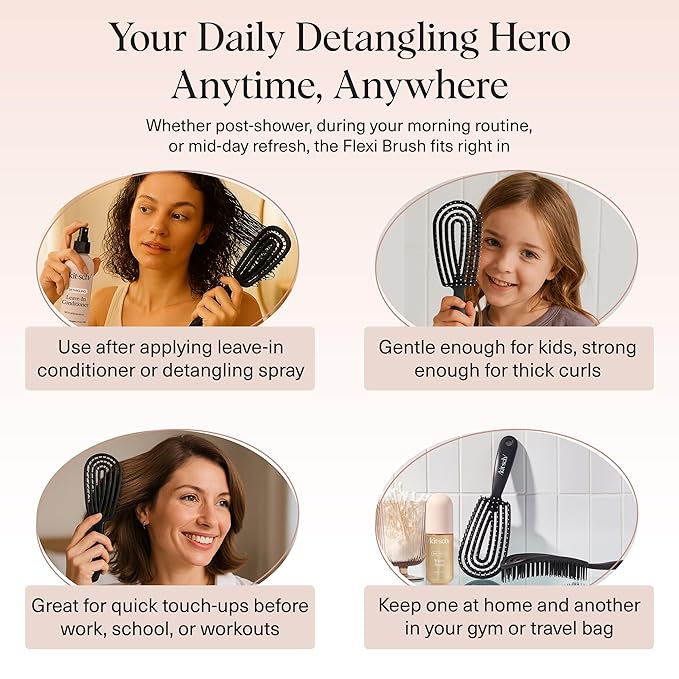Kitsch Hair Brush Detangler – Flexi Flow Hair Brush for Women, Men & Kids | Detangling Brushes for Curly Hair with Bendable Frame, Bounce Curl Defining Brush for Wet or Dry Strands - Black
