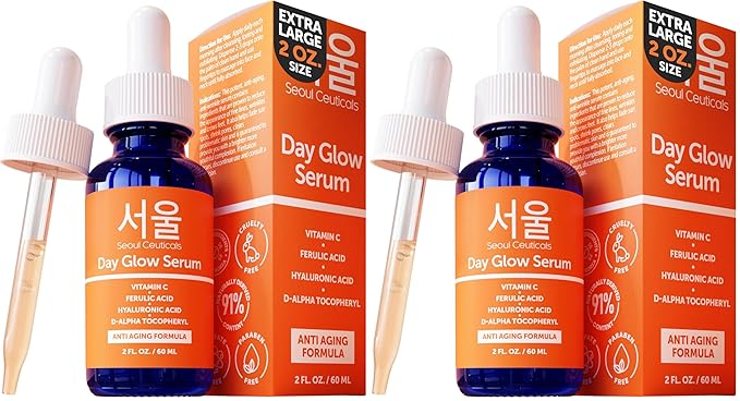 SeoulCeuticals Large 2oz Korean 20% Vitamin C Hyaluronic Acid Serum + CE Ferulic Acid - Potent Anti Aging Vit C, Anti Wrinkle K Beauty Skincare (Pack of 2)