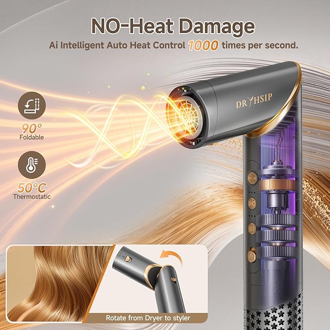 8 in 1 Hot Air Brush Hair Styler, High-Speed Hair Dryer Brush with Auto Wrap Curlers, Foldable Ionic Blow Dryer Brush for Fast Drying, Volumizing & Curling, Multi-Styling Tool (Gifts for Women)
