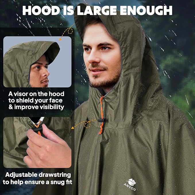 ANYOO Hooded Rain Poncho for Adults Waterproof Lightweight Rain Coat for Men - Image 4