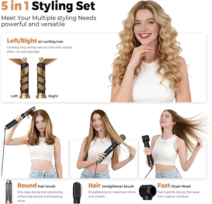 5 in 1 Hair Dryer Brush Set,Professional Negative Ionic Hot Air Styler, Air Curling Wrap Styler,Detachable Blow Dryer Brush With Auto Wrap Curlers,Hair Styling Tools For Straight/Curl/Drying/Smoothing