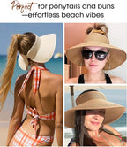 Womens Sun Visor Hats Wide Brim Straw Beach Hat UV Protection Ponytail Packable - Image 3
