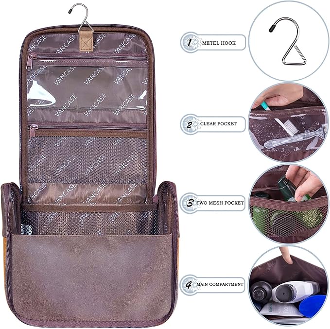 Hanging Toiletry Bag for Men VANCASE Vintage Leather Shaving Dopp Kit Medium - Image 4