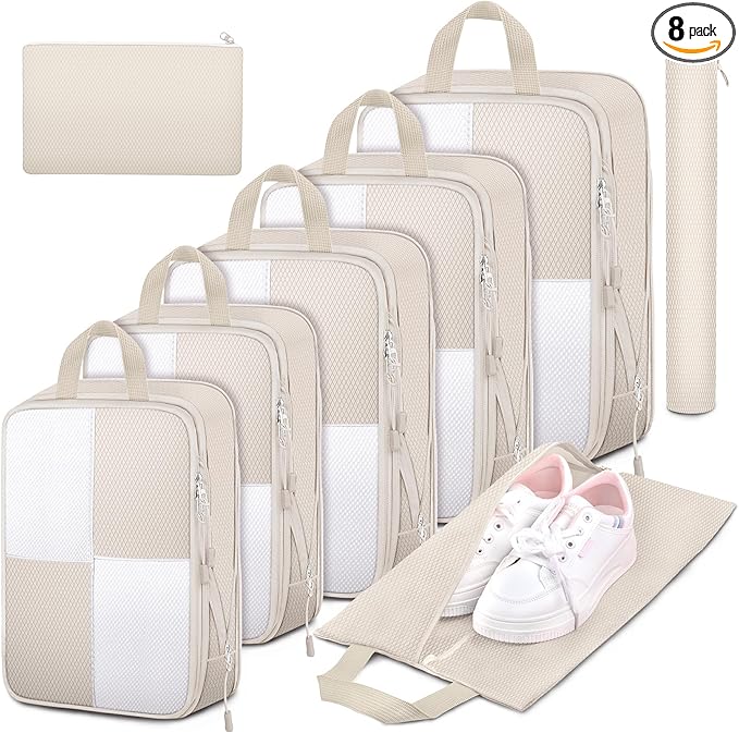 8 Set Compression Packing Cubes Travel, Lightweight Expandable Travel Cubes by Attmu