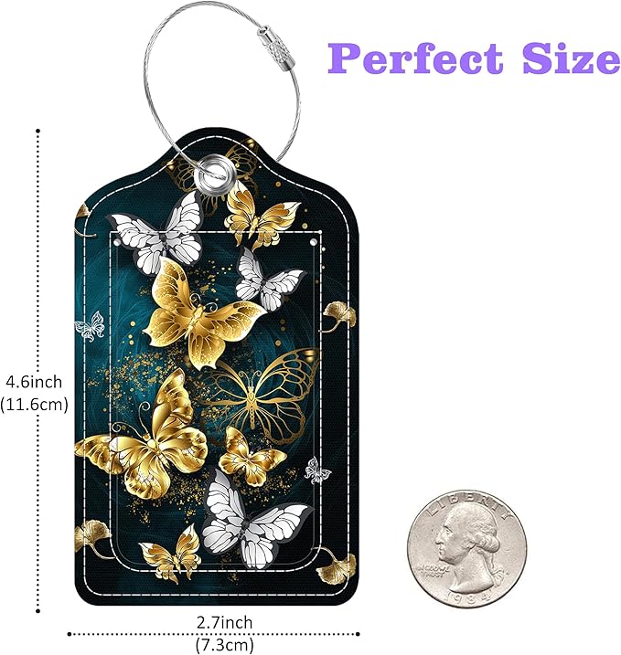 Set of 2 Luggage Tags Golden and White Butterfly Leather Suitcases Tag - Image 2