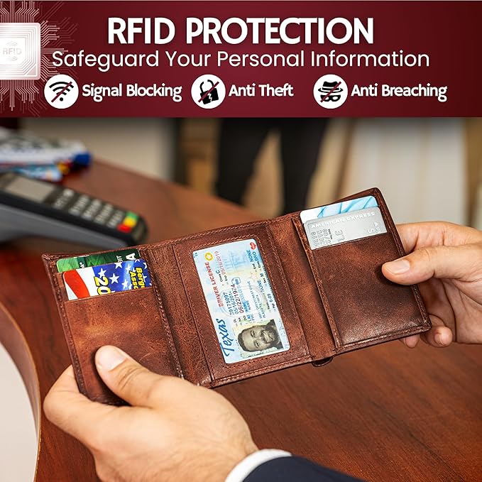 BULL GUARD Best Leather Men's RFID Trifold Wallet - Image 5