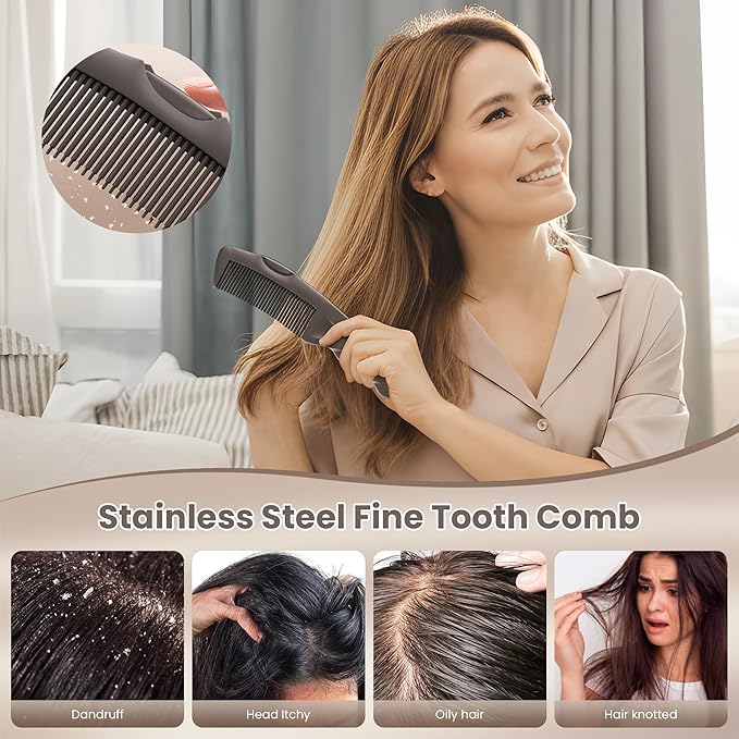 2PC Dandruff Comb Fine Tooth Scalp Detox Comb Lice Stainless Steel Scalp Detoxing Hair Brush Tool Hair Care for Women, Men & Kids (Brown)