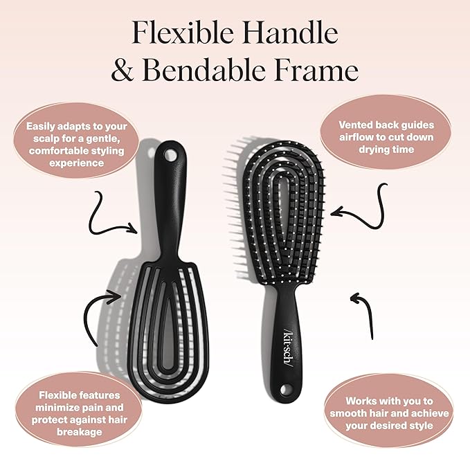 Kitsch Hair Brush Detangler – Flexi Flow Hair Brush for Women, Men & Kids | Detangling Brushes for Curly Hair with Bendable Frame, Bounce Curl Defining Brush for Wet or Dry Strands - Black