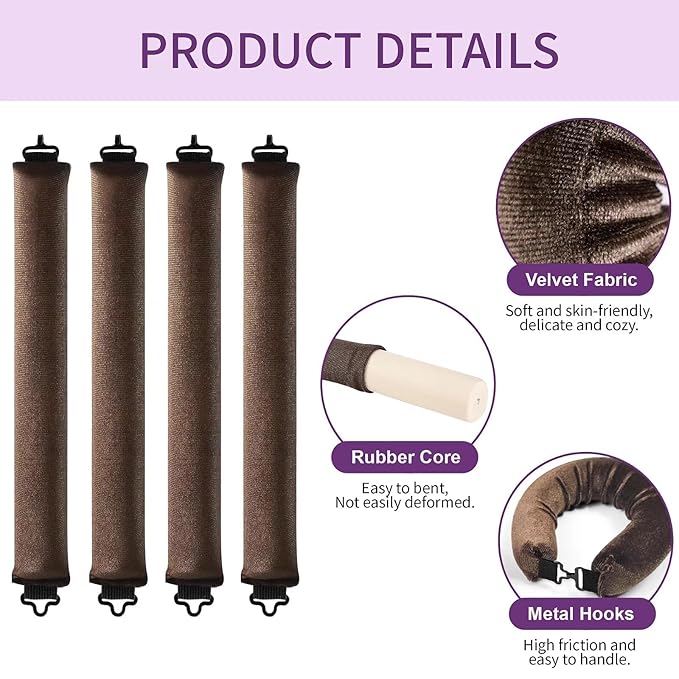 Heatless Curls Overnight Hair Curlers - 4 Pcs No-Heat Curling Rod to Sleep In,Velvet Hair Rollers with Satin Wrap