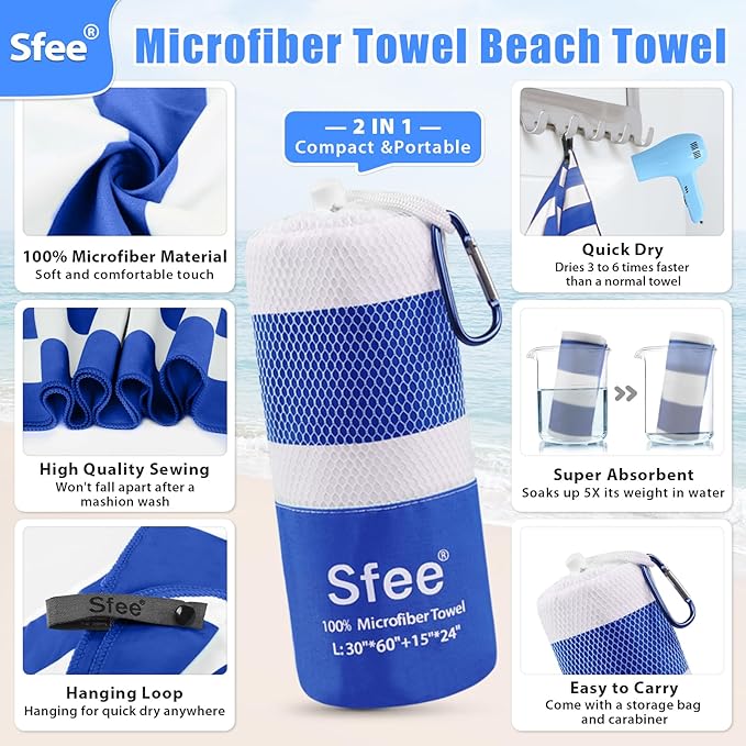 Sfee 2 in 1 Microfiber Oversized Beach Towel, Quick Dry Towel Travel Camping - Image 2