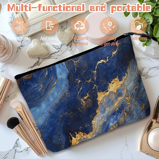 Cosmetic Bags Travel Makeup Toilet Case Waterproof Pouch for Women Girls 6.7X9.45inches - Blue And Gold Marble