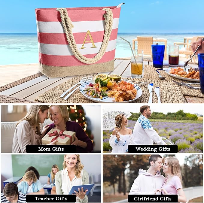 YOOLIFE Initial Canvas Waterproof Beach Tote Bag Zipper Personalized Gifts - Image 6