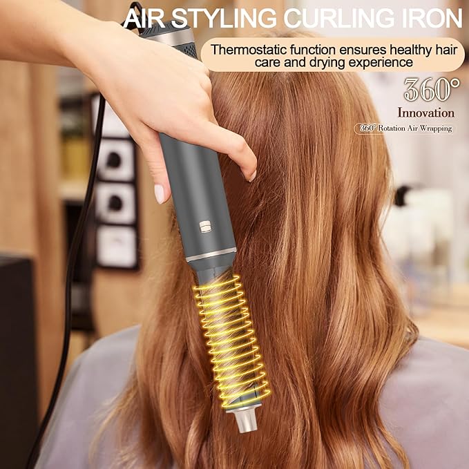 5 in 1 Hair Styler & Hot Air Brush - Air Curling Wrap with Low-Speed Negative Ion Technology, Hair Dryer Brush for Drying, Curling, Straightening & Styling, Hair Styling Tools at Home (Grey)