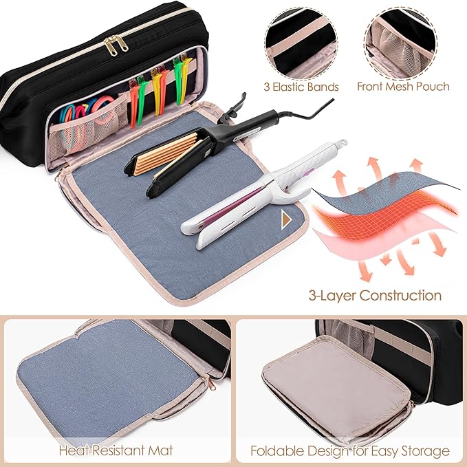 Fasrom Hair Tools Travel Bag with Heat Resistant Mat for Flat Iron, Curling Iron and Straightener, 2 in 1 Blow Dryer Organizer Case for Styling Appliances and Hot Items, Black (Patent Design)