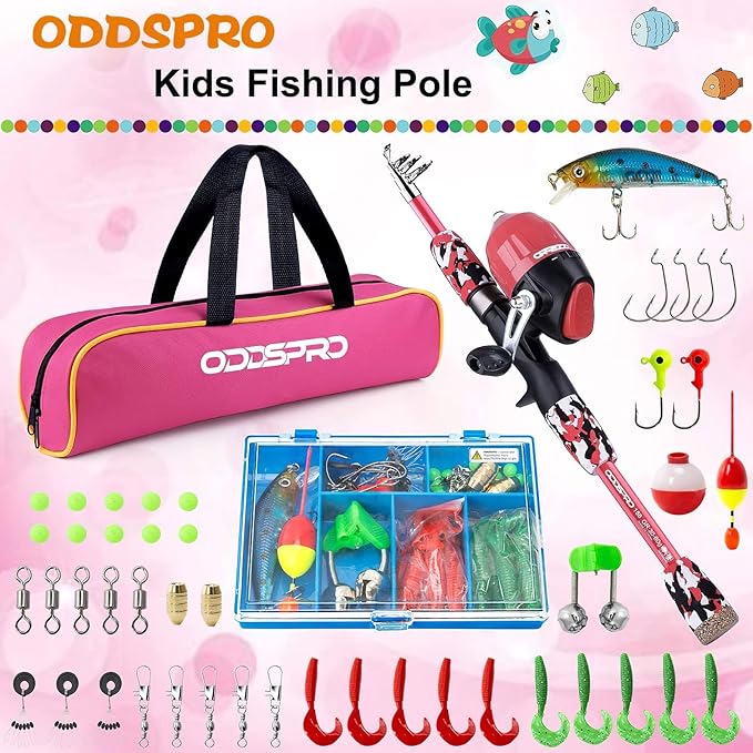 ODDSPRO Kids Fishing Pole Pink, Portable Telescopic Fishing Rod and Reel Combo - Image 2