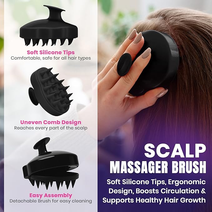 Dandruff Comb and Scalp Massager Set - (4 Piece Set) Exfoliating Hair Tool Kit with Fine Tooth Comb, Silicone Scrubber, Travel Case - Flake & Buildup Removal for Men, Women, Kids - All Hair Types