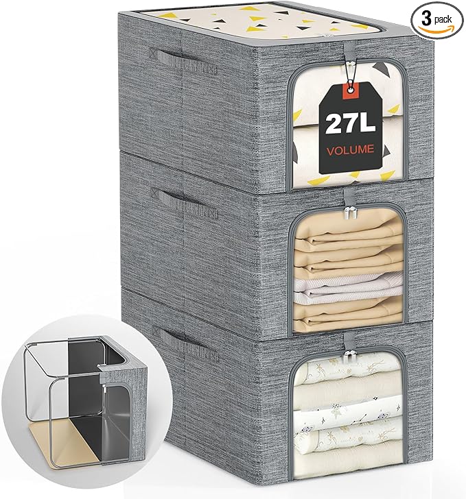 GoMaihe Clothes Storage Bins Metal Frame: 3-Pack Compact Stackable Closet by GoMaihe