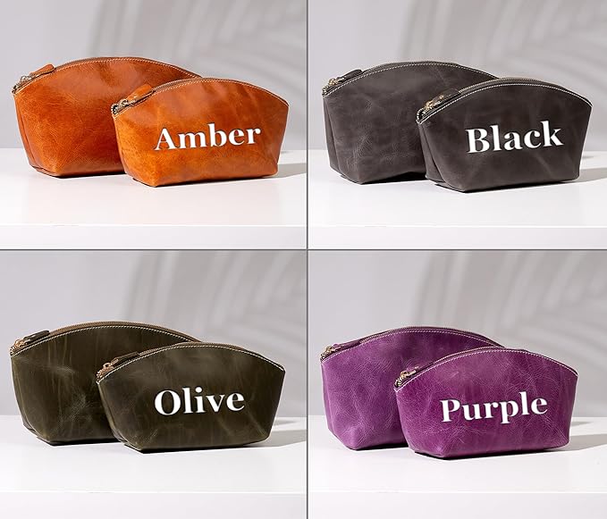 Luxury Personalized Leather Makeup Bags Crafted in USA, Full-Grain Leather Cosmetic Bag Engraved Name Initials or Logo, Birthday Anniversary Christmas or Mother Gift, Italian Zipper, Purse for Women