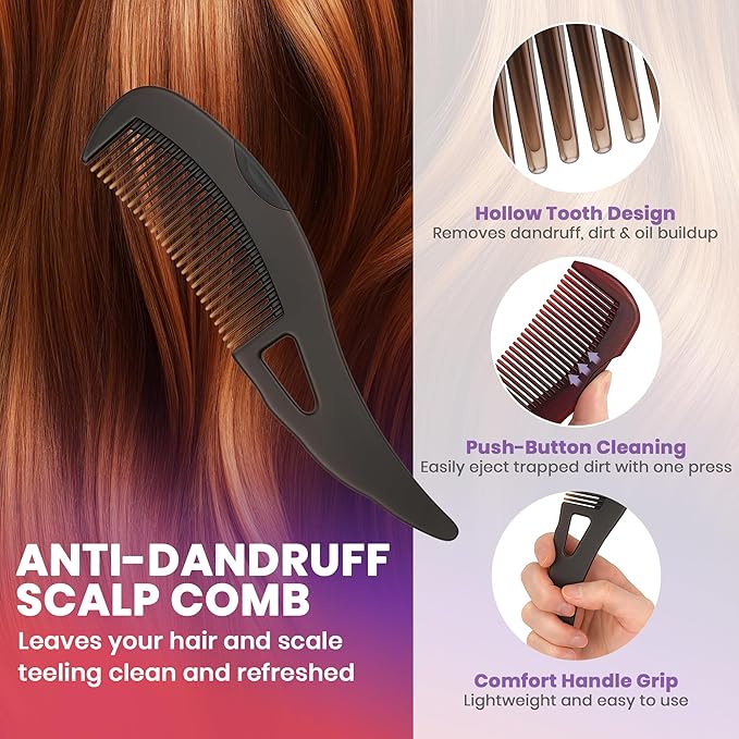 Dandruff Comb and Scalp Massager Set - (4 Piece Set) Exfoliating Hair Tool Kit with Fine Tooth Comb, Silicone Scrubber, Travel Case - Flake & Buildup Removal for Men, Women, Kids - All Hair Types