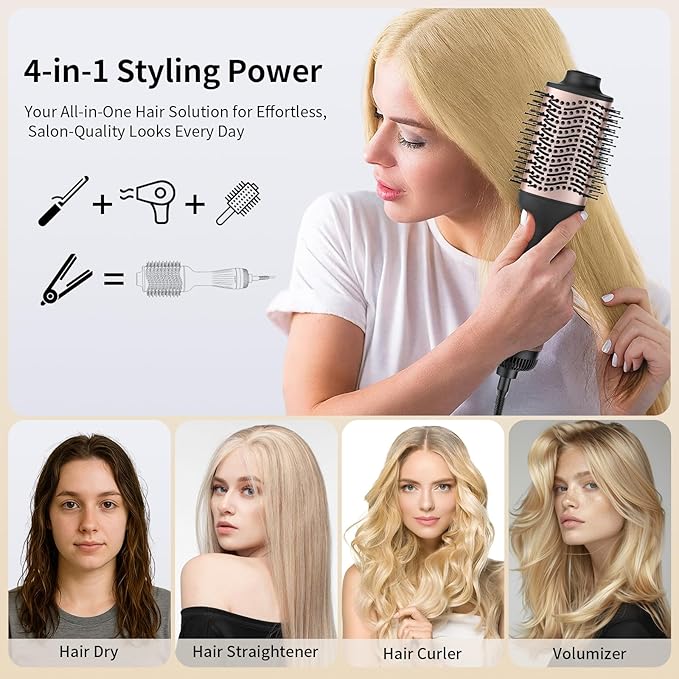 Hot Air Brush Blow Dryer in One, 4-in-1 Ionic Hair Dryer and Styler Volumizer with 3.2" Oval Barrel, 33000RPM High-Speed Motor, Hot Air Straightener Brush, All Hair Types KNS-M8