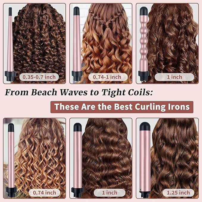6 in 1 Hair Wand Curling Iron，0.35 to 1.25 inches with LCD，Form 140°F to 430°F in increments of 10°F, 110v-220V for Global use Includes Gloves and 2 Hair Clips.
