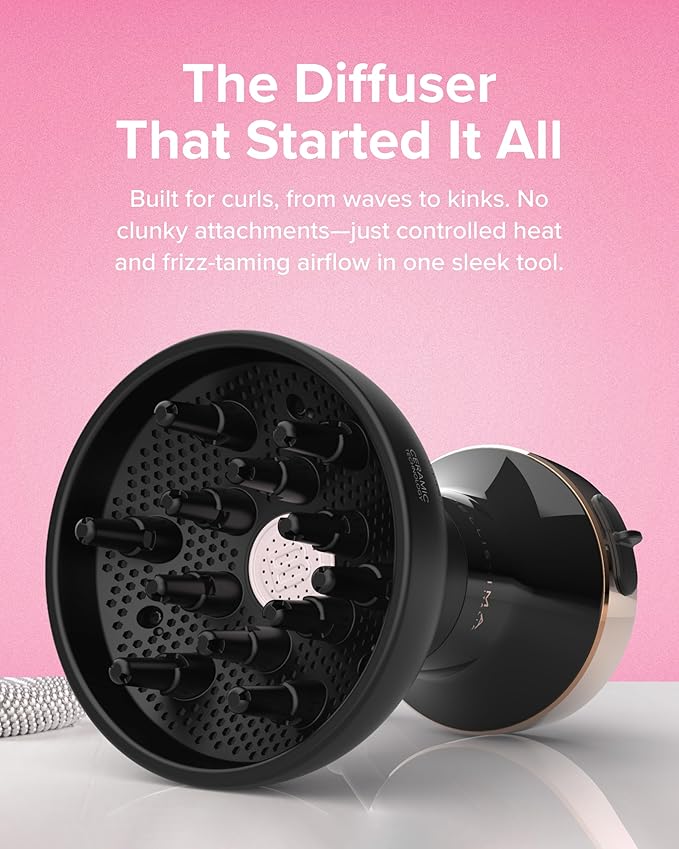 Bellissima Diffon Ceramic Diffuser Hair Dryer for Curly Hair - 2-in-1 Blow Dryer with Diffuser - Reduces Frizz, Defines Curls, Volumizes - Lightweight, Compact, Easy Hold Handle