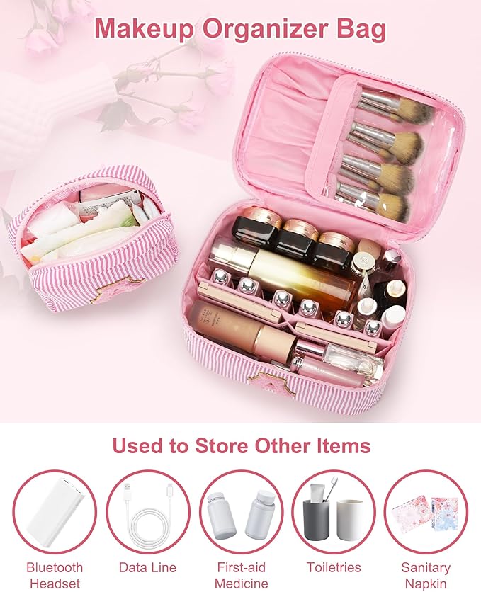 MONSTINA Personalized Initial Makeup Bag with Brush Holder for Women,Make Up Case for Girlfriend Bridesmaid Wife,Birthday Gift for Her Cute Toiletry Bag,2PCS,Pink G
