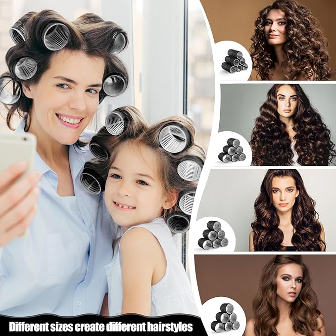 4 Sizes Self-Grip Hair Rollers Set - 50 Pcs Jumbo Curlers for Long, Short Hair and Bangs (25mm, 36mm, 48mm, 60mm) With Clips, Black