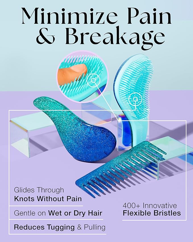 Lily England Detangler Brush & Comb Set - Lightweight Wide Tooth Detangling Tool for Women & Kids - Smooths Curly, Straight, Dry, Fine, & Thick Hair, Blue Glitter
