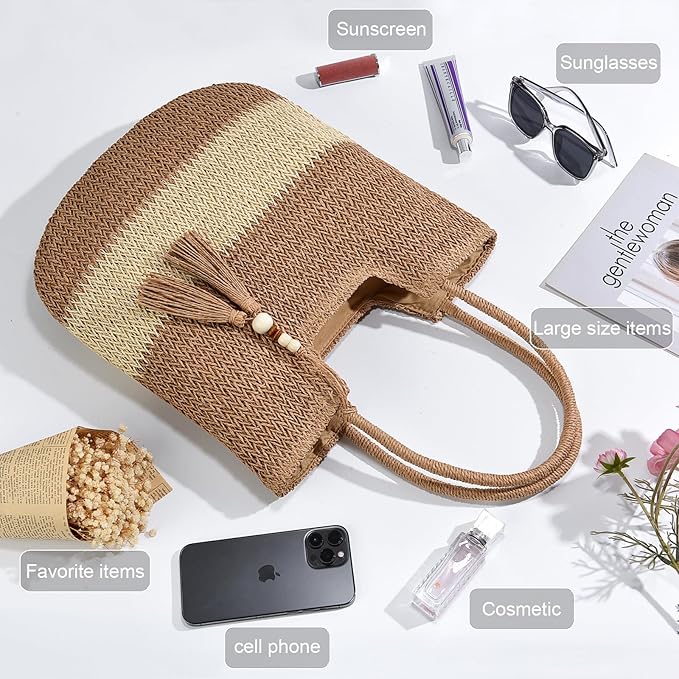 Straw Beach Bags for Women Woven Beach Tote Bag Casual Boho Large Shoulder - Image 5